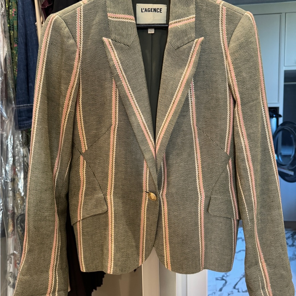 L'AGENCE Women's Blazer in Gray with Pink Stripes